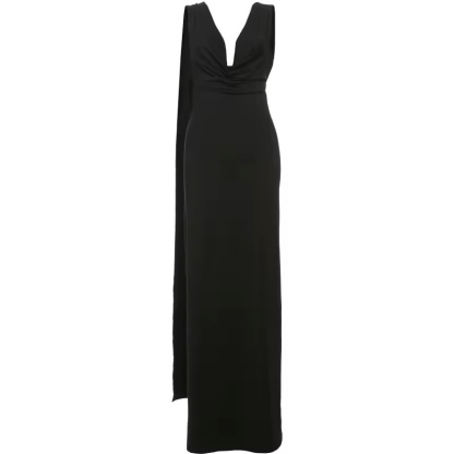 Black Open Back Draping Sleeve Occasionally Backless Maxi Dress