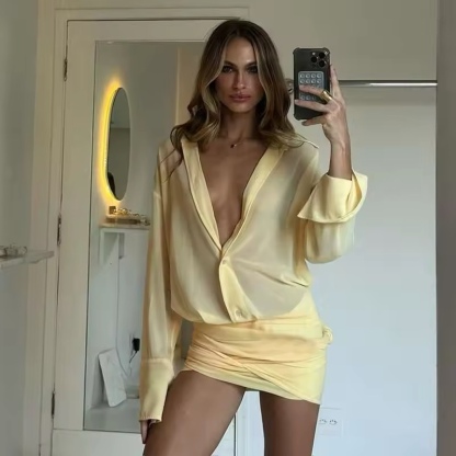 Yellow Long Sleeve Blouse Skirt Two Piece Mini Set