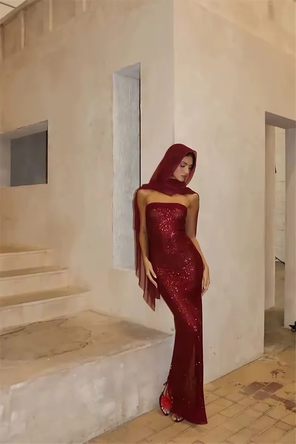 Strapless Sequin Glitter Bodycon Party Maxi Dress