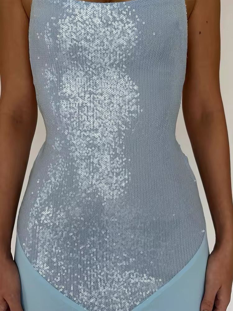 Spaghetti Strap Bodycon Sequin Mesh Maxi Dress