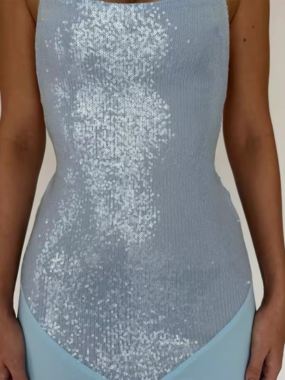 Spaghetti Strap Bodycon Sequin Mesh Maxi Dress
