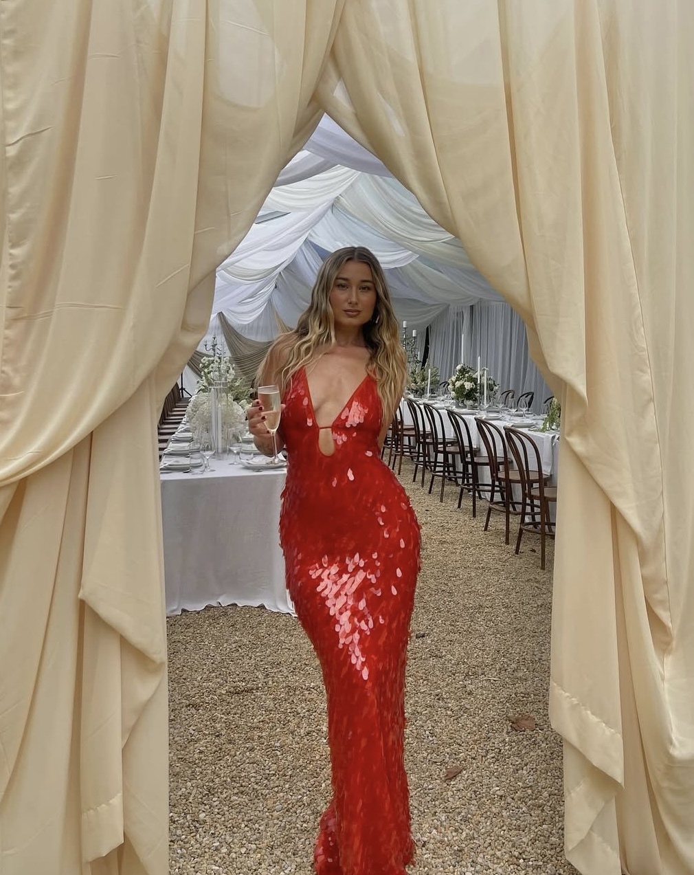 Red Sequin Mermaid V Neck Maxi Long Dress