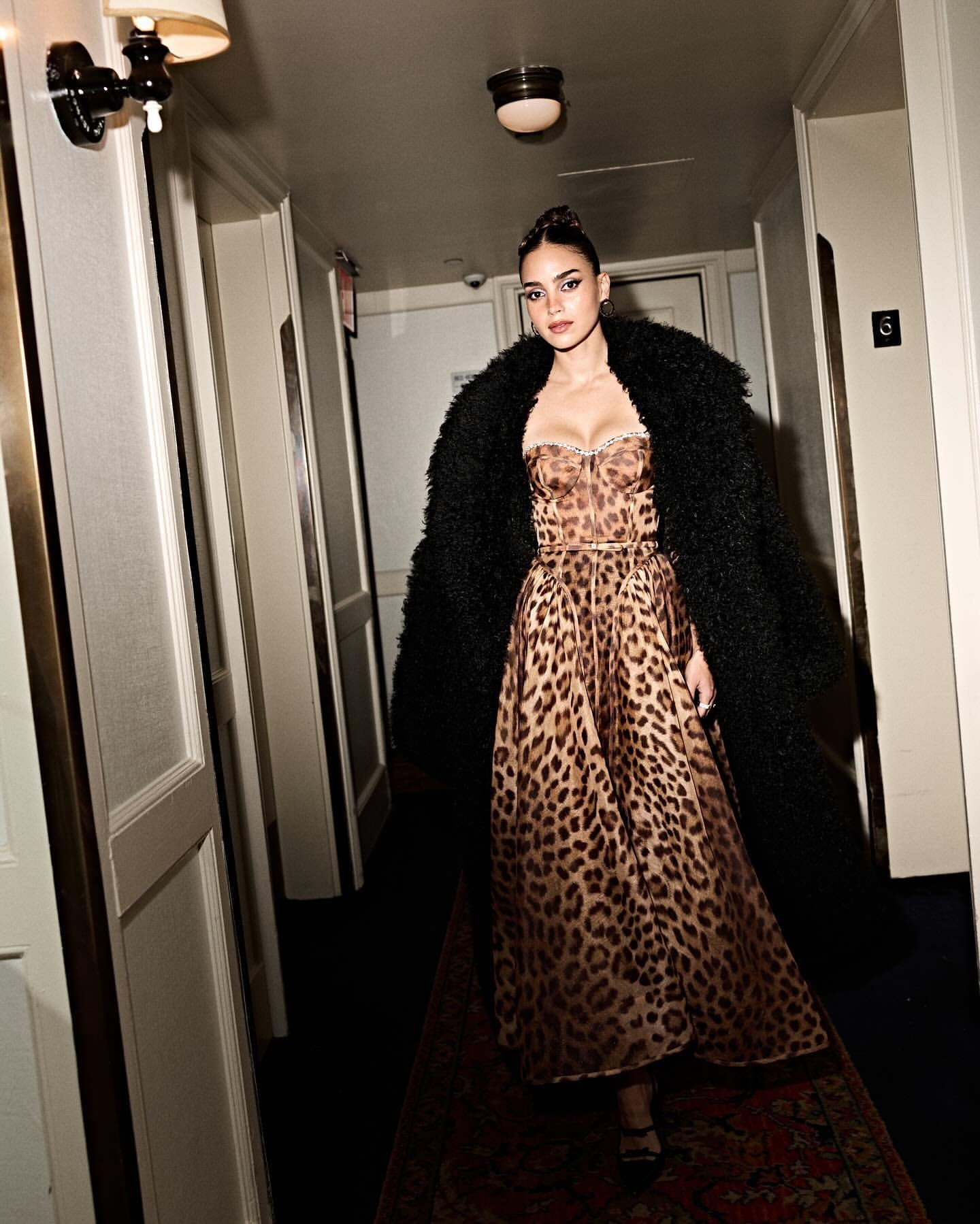 Rhinestone Diamond Strap Leopard Print A Line Midi Dress