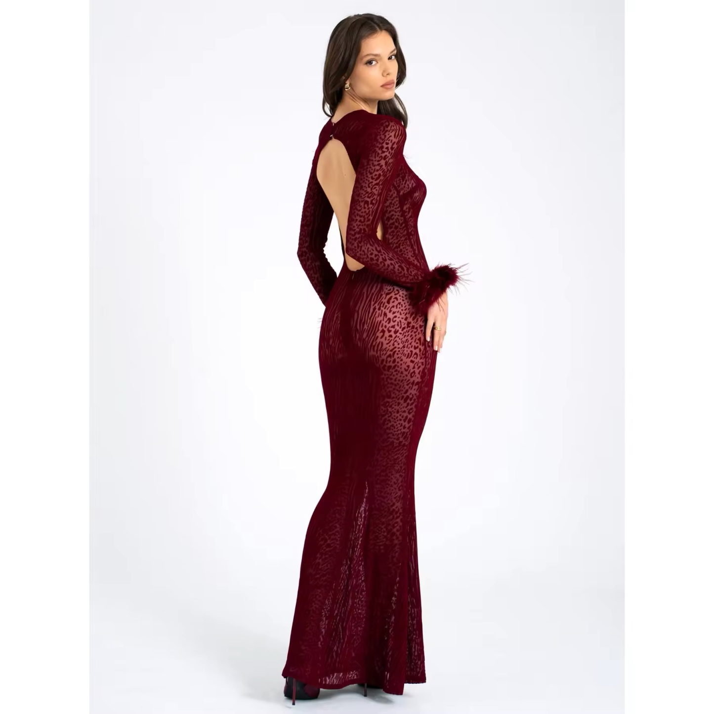 Feathered Long Sleeve Backless Bodycon Maxi Dress