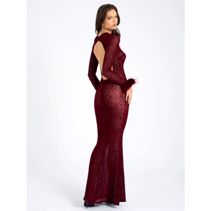 Feathered Long Sleeve Backless Bodycon Maxi Dress