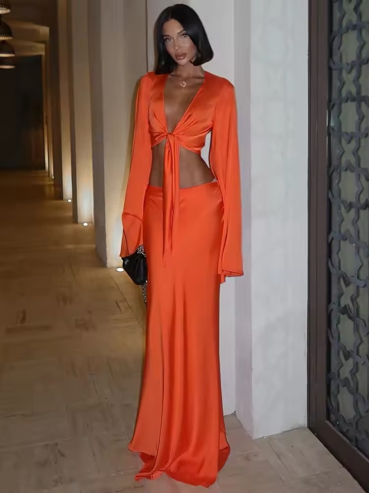 Orange Silk Long Sleeve Crop Top & Maxi Skirt Set