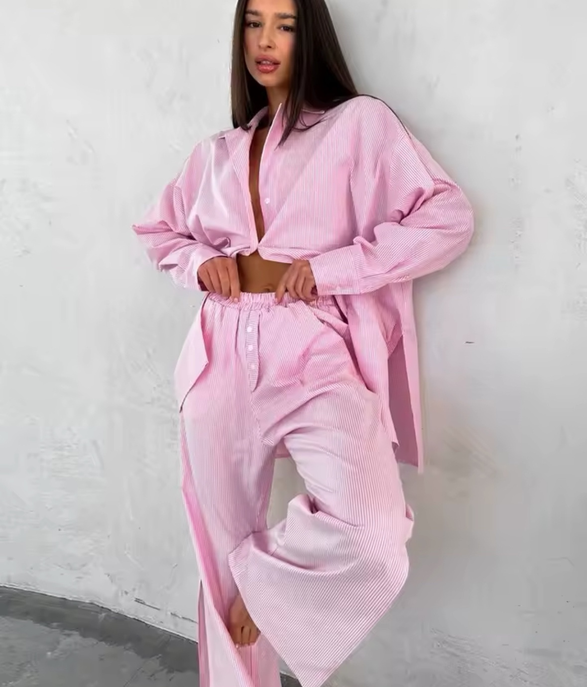 Striped Long Sleeve Shirt & Straight Leg Trousers Set