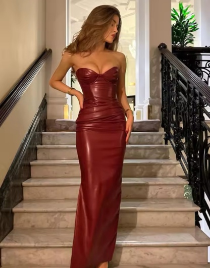 Strapless Burgundy Bodycon Leather Maxi Dress