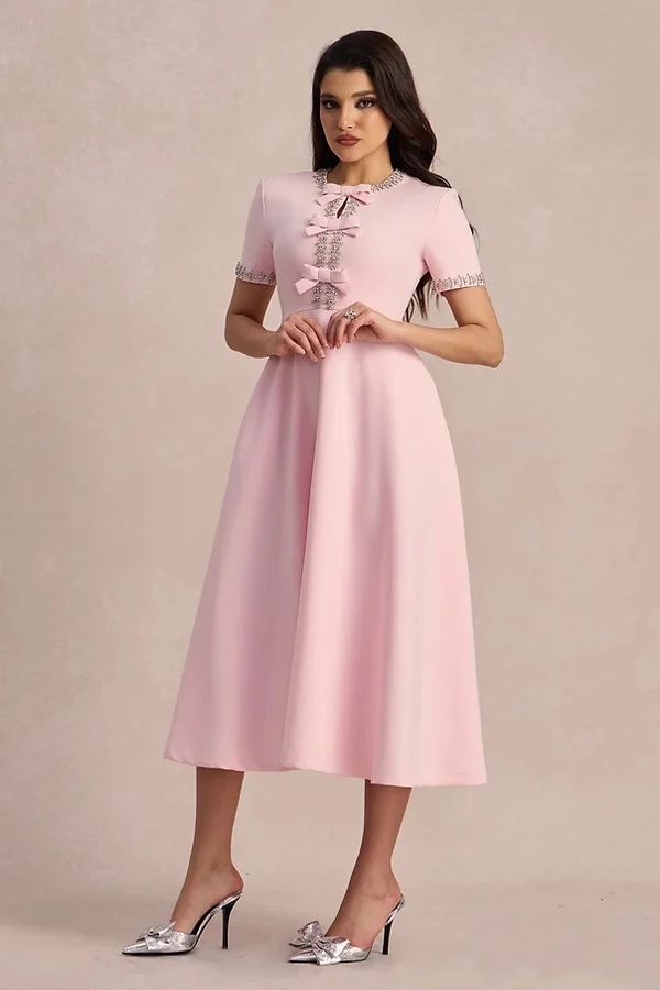 Elegant Rhinestone Bow Pink Midi A Line Dress