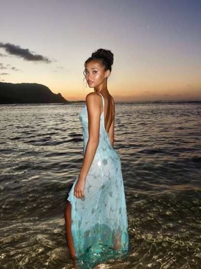 Sequin Holiday Vacation V Neck Sleeveless Spaghetti Strap Spilt Maxi Dress