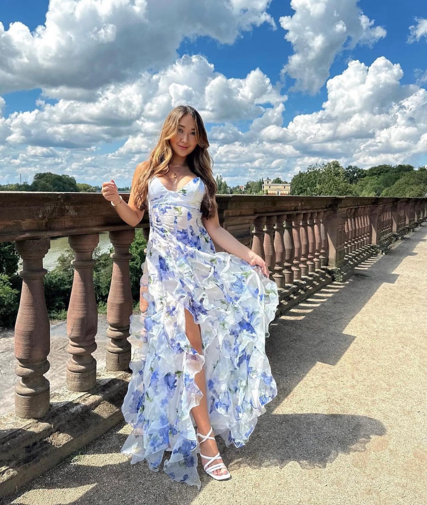 Floral V Neck Ruffle Summer Vacation Maxi Dress