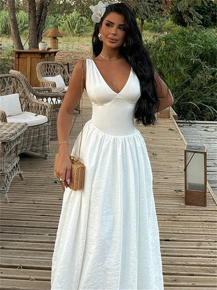 V-Neck Long Pleated Patchwork Elegant Long Summer Holiday Maxi Dress
