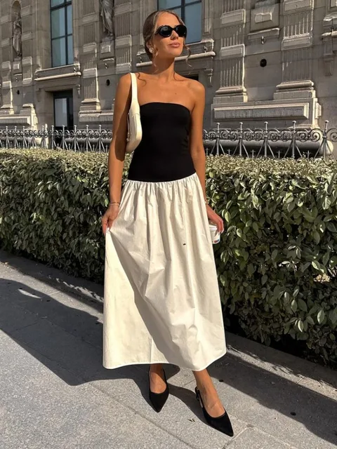 Patchwork Strapless Sleeveless Contrast Color A-Line Maxi Dress