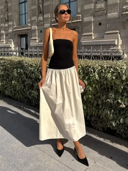 Patchwork Strapless Sleeveless Contrast Color A-Line Maxi Dress