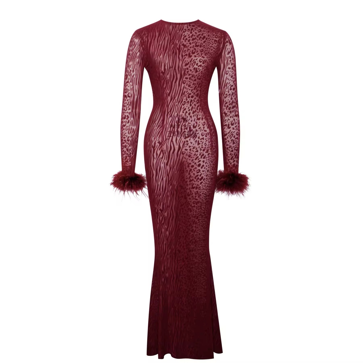 Feathered Long Sleeve Backless Bodycon Maxi Dress