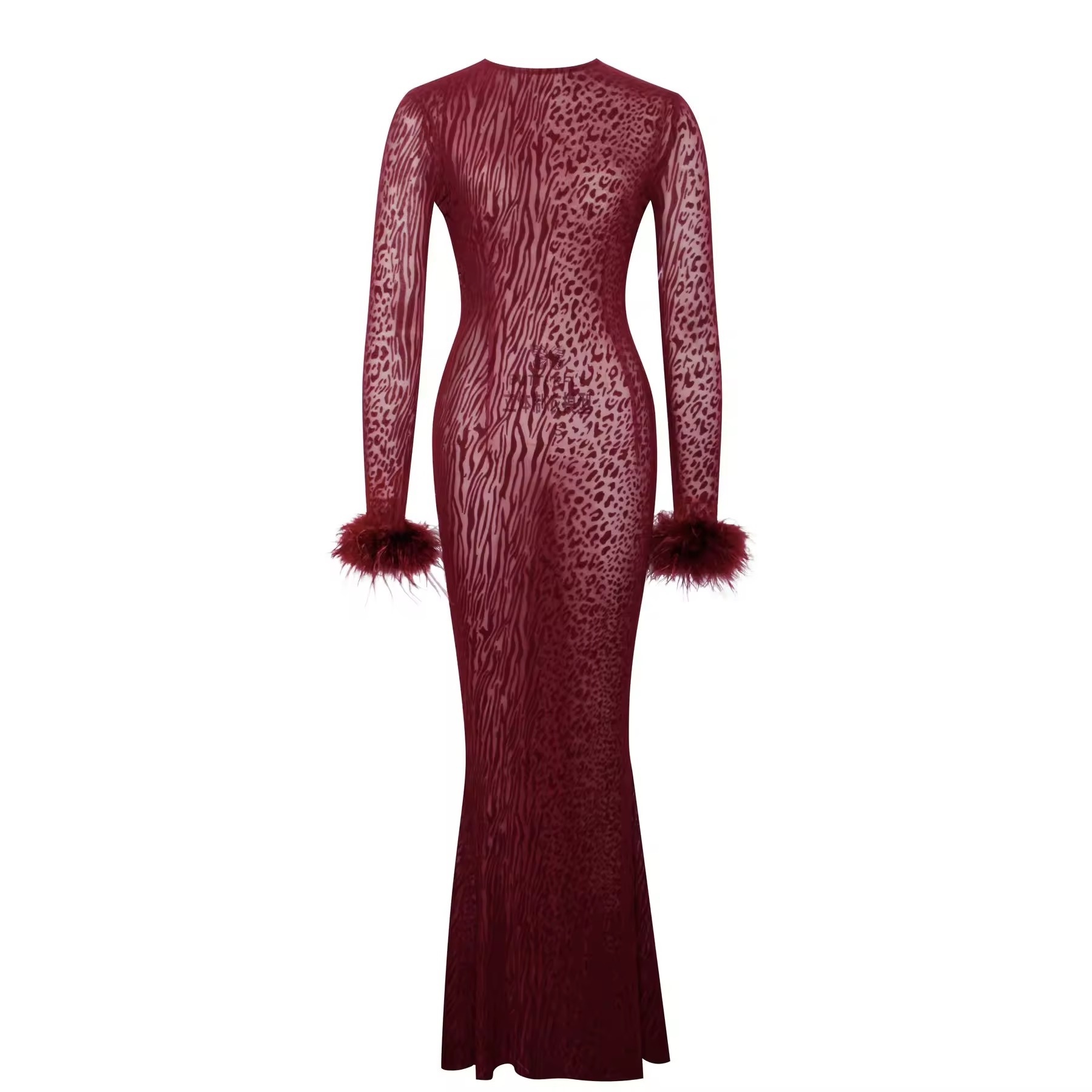 Feathered Long Sleeve Backless Bodycon Maxi Dress