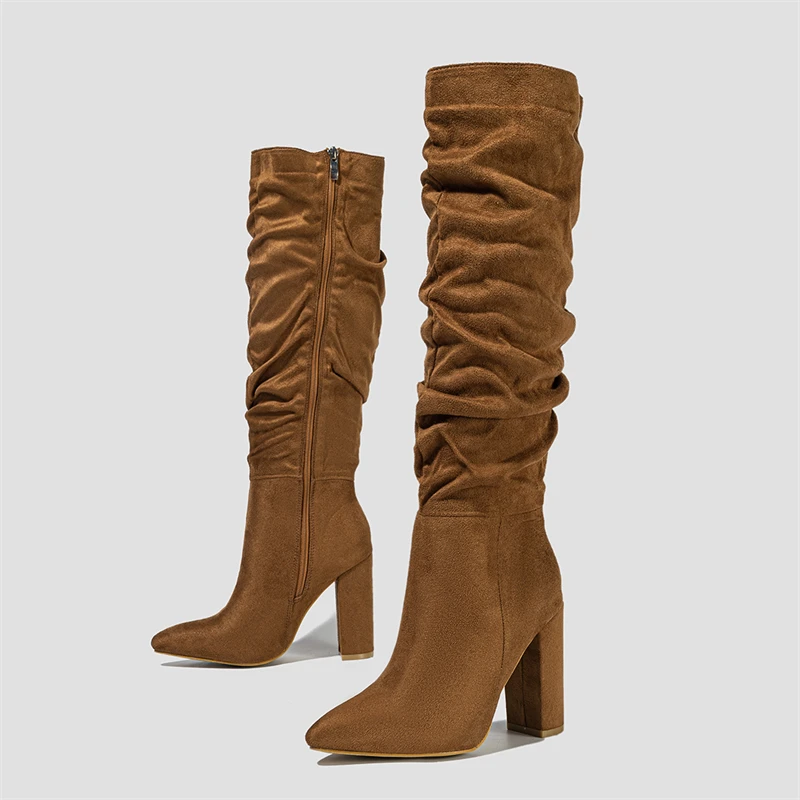 Eilyken Street Style Pleated Pointed Toe Zip Thigh High Boots Female Square Heel Design Over The Knee Women's Shoes
