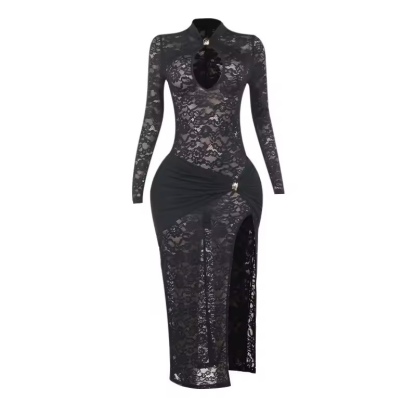 Lace Mesh Long Sleeve Cut Out Bodycon Maxi Dress