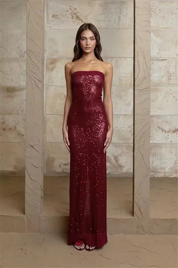 Strapless Sequin Glitter Bodycon Party Maxi Dress