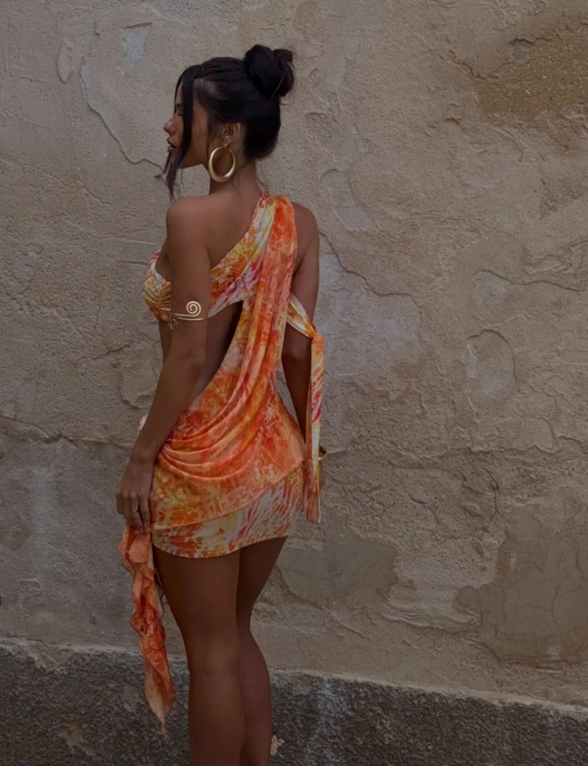 Orange Cut Out One Shoulder Summer Vacation Mini Dress
