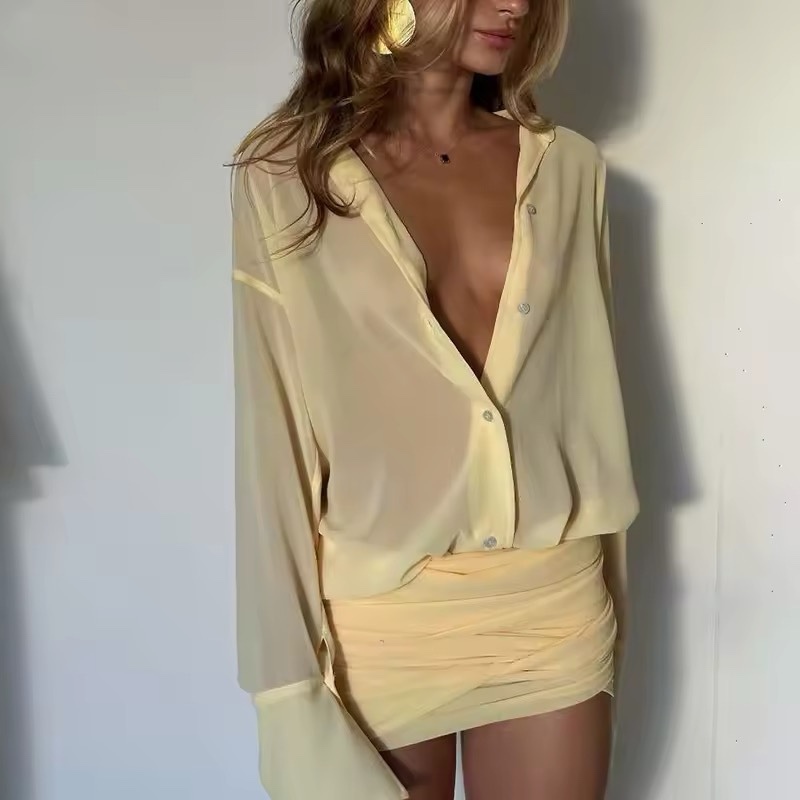 Yellow Long Sleeve Blouse Skirt Two Piece Mini Set