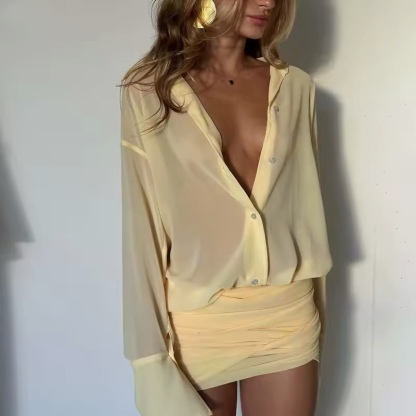 Yellow Long Sleeve Blouse Skirt Two Piece Mini Set