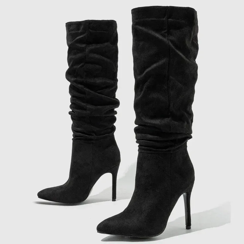 Pleated Pointed Toe Knee-High Boots