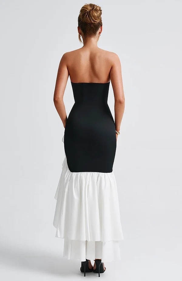 Black & White Strapless Bodycon Flare Hem Maxi Dress