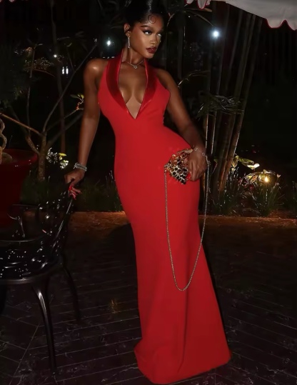 Red Satin V Neck Bodycon Sleeveless Maxi Dress
