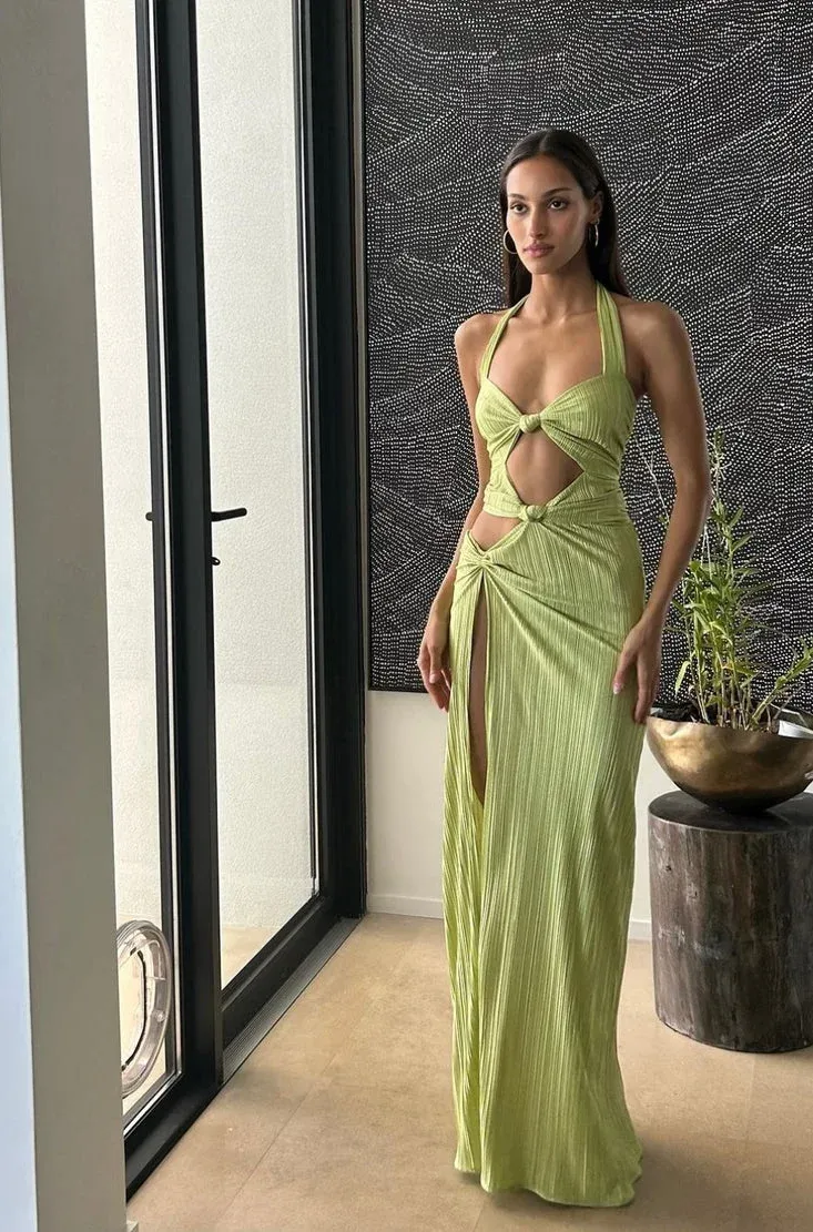 Green Cut Out Knot Side Spilt Maxi Dress