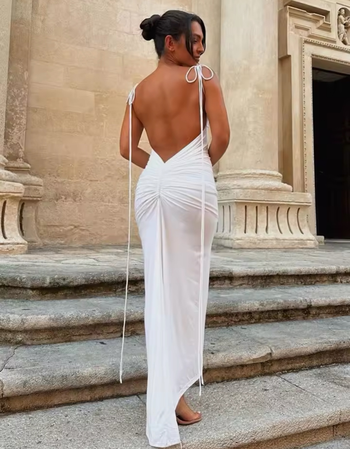 Backless Ruched V Bodycon Spaghetti Strap Maxi Dress