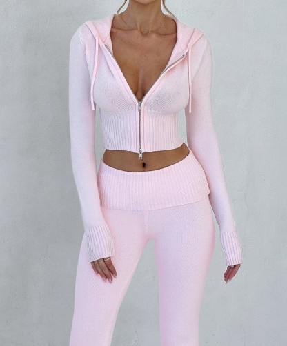 Pink Knitted Hooded Jacket and Trousers Set