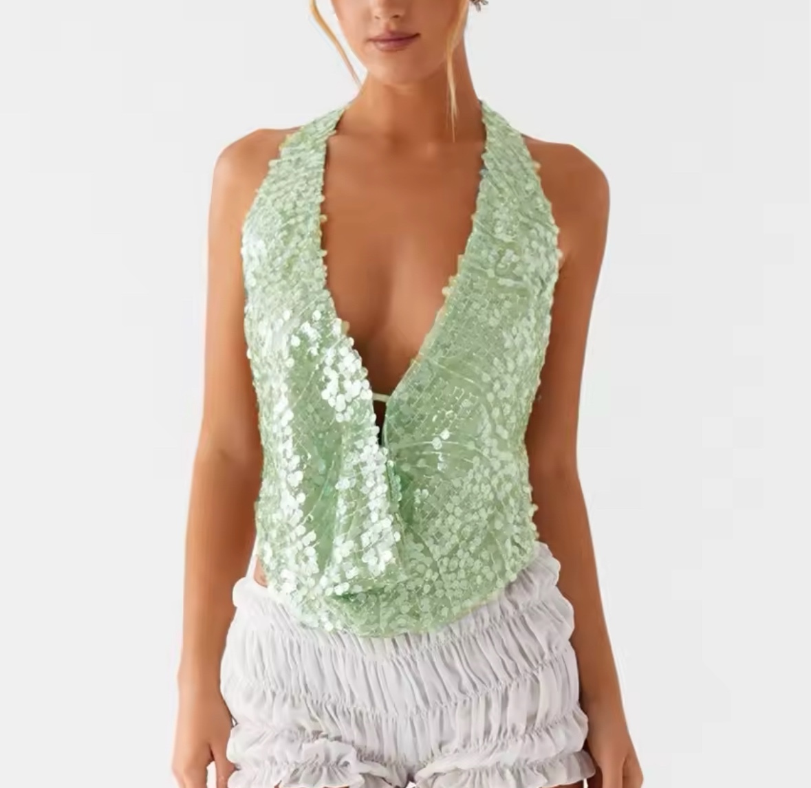 Scoop Neck Halter Sequin Summer Crop Top