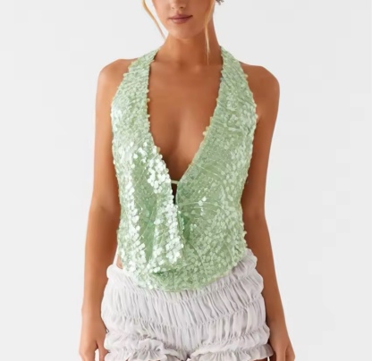 Scoop Neck Halter Sequin Summer Crop Top