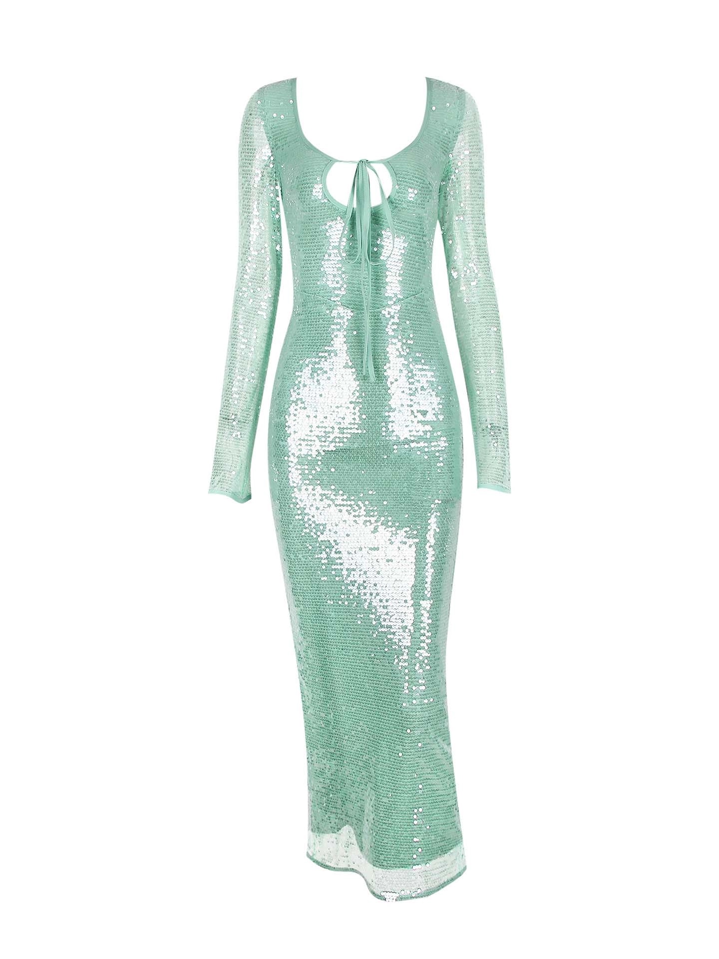 Green Sequin Glitter Cut Out Tie Up Maxi Dress