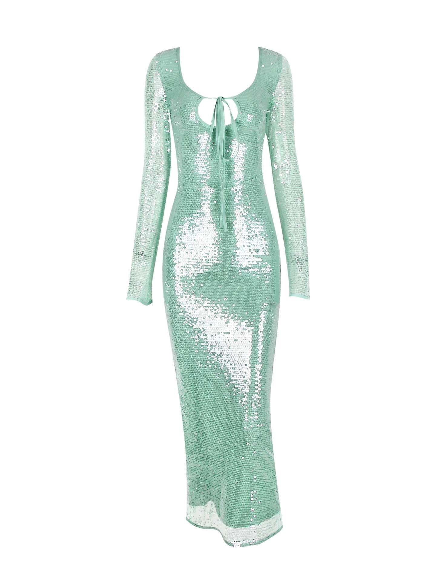 Green Sequin Glitter Cut Out Tie Up Maxi Dress