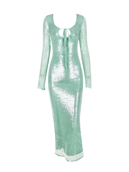 Green Sequin Glitter Cut Out Tie Up Maxi Dress