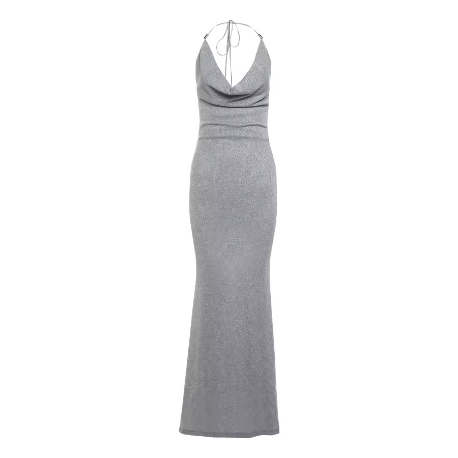 Silver Backless Halter Neck Sleeveless Bodycon maxi Dress