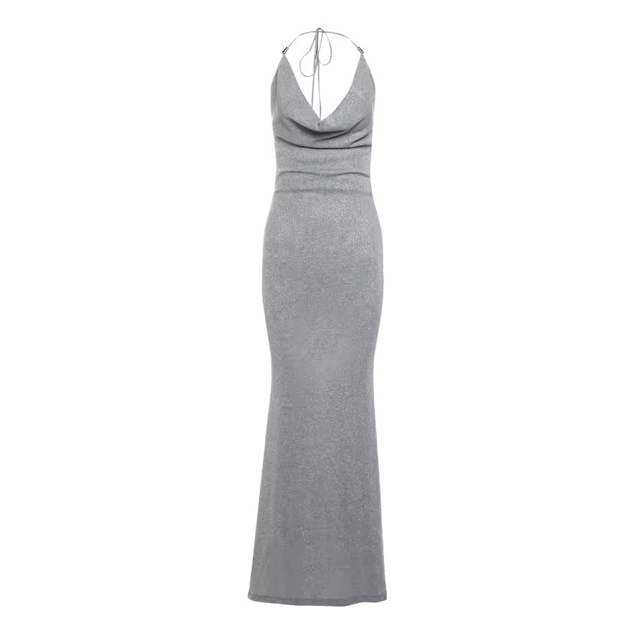Silver Backless Halter Neck Sleeveless Bodycon maxi Dress