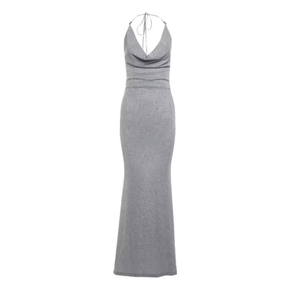 Silver Backless Halter Neck Sleeveless Bodycon maxi Dress