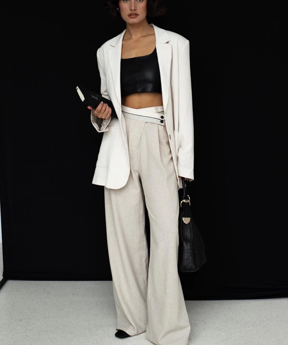 Button Blazer & High Waist Wide Trousers Set