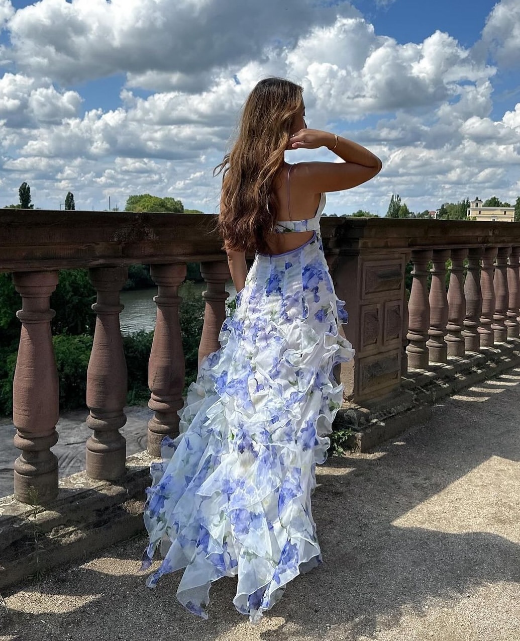 Blue Floral V Neck Ruffle Summer Vacation Maxi Dress