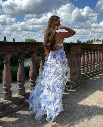 Blue Floral V Neck Ruffle Summer Vacation Maxi Dress