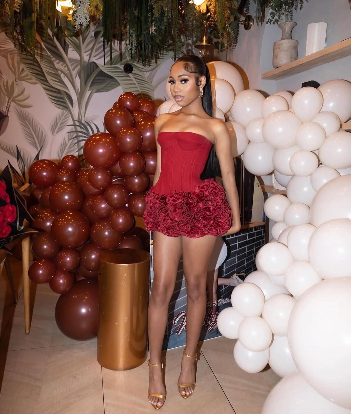 Elegant Red Flower Detail Strapless Corset Style Mini Dress