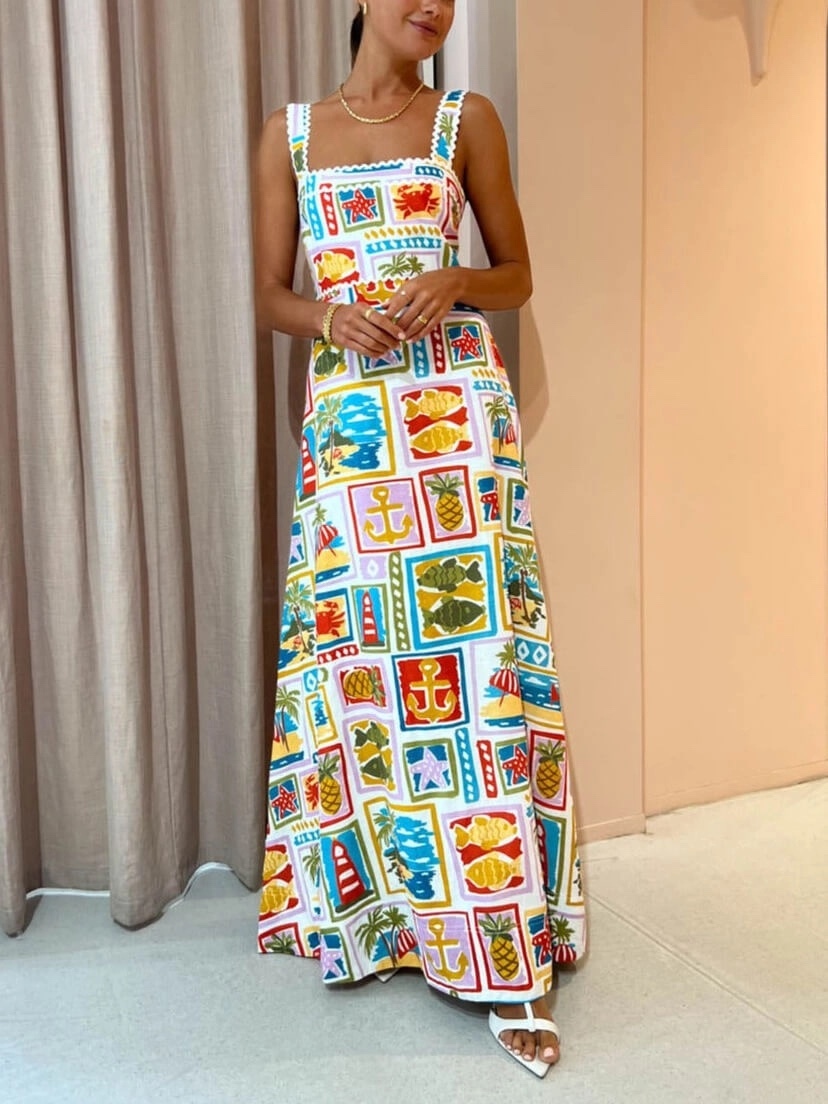 Printed Sqaure Neck Sleeveless Vacation Maxi Dress