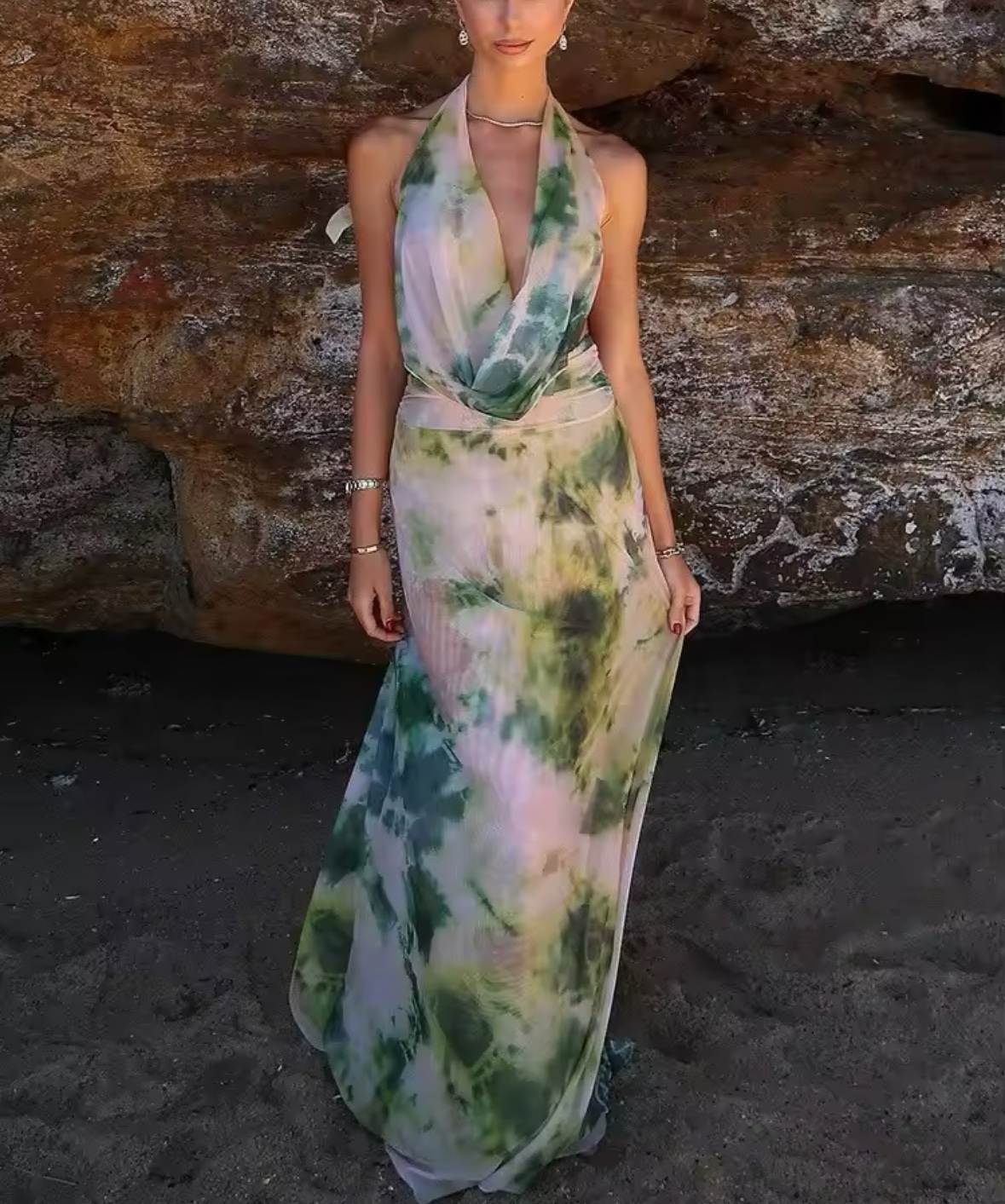 Printed Halter Neck Scoop Summer Vacation Maxi Dress