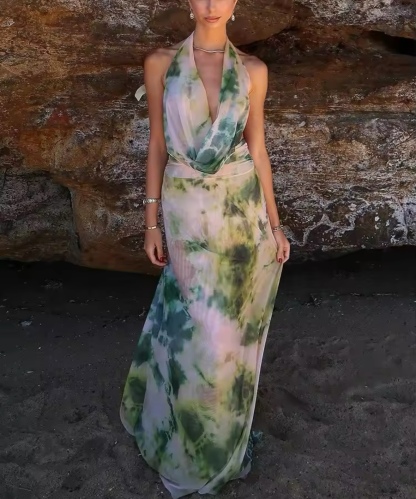 Printed Halter Neck Scoop Summer Vacation Maxi Dress
