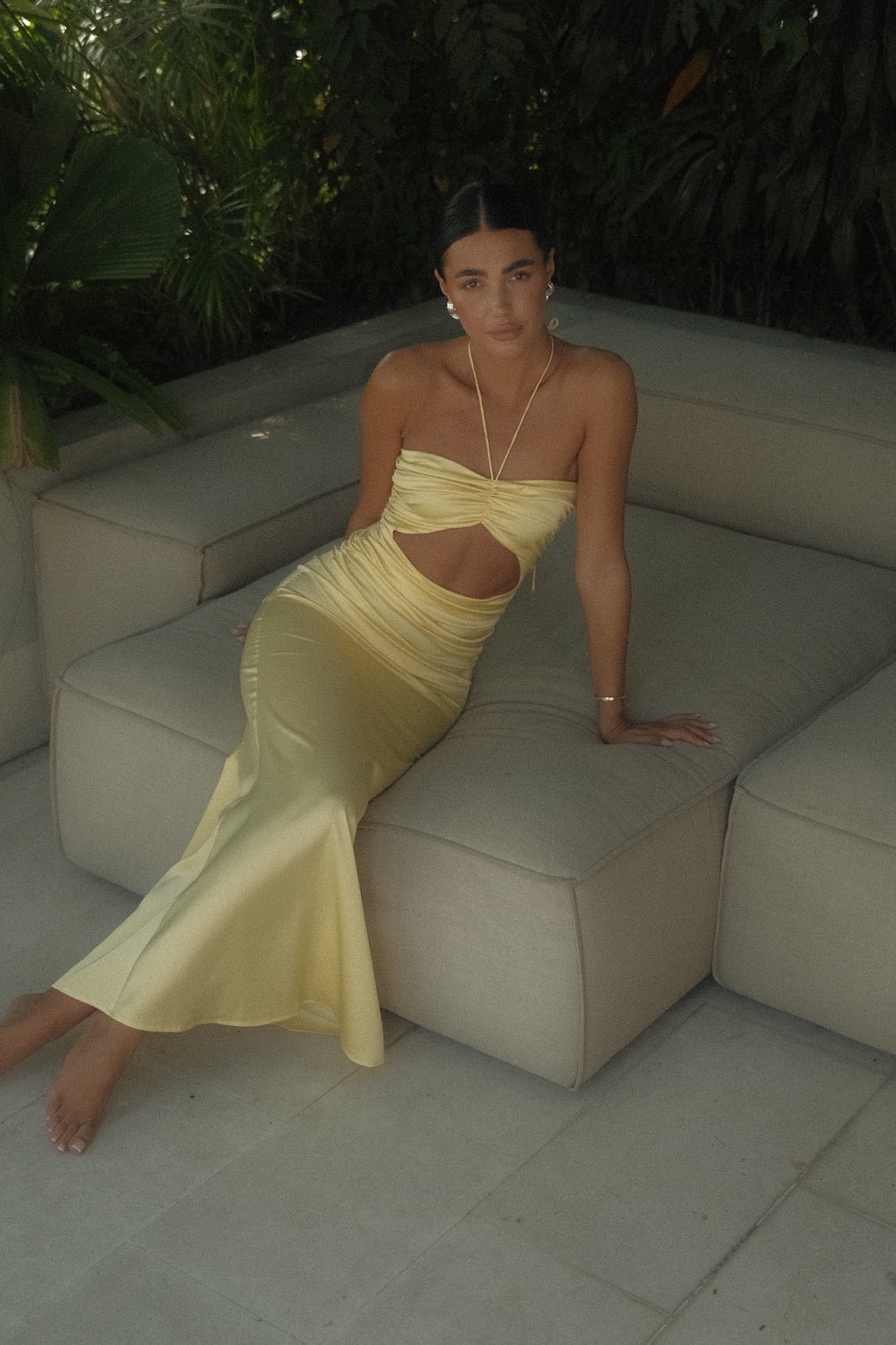 Yellow Silk Halter Cut Out Occasion Formal Maxi Dress