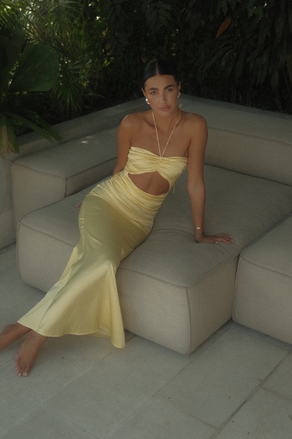 Yellow Silk Halter Cut Out Occasion Formal Maxi Dress