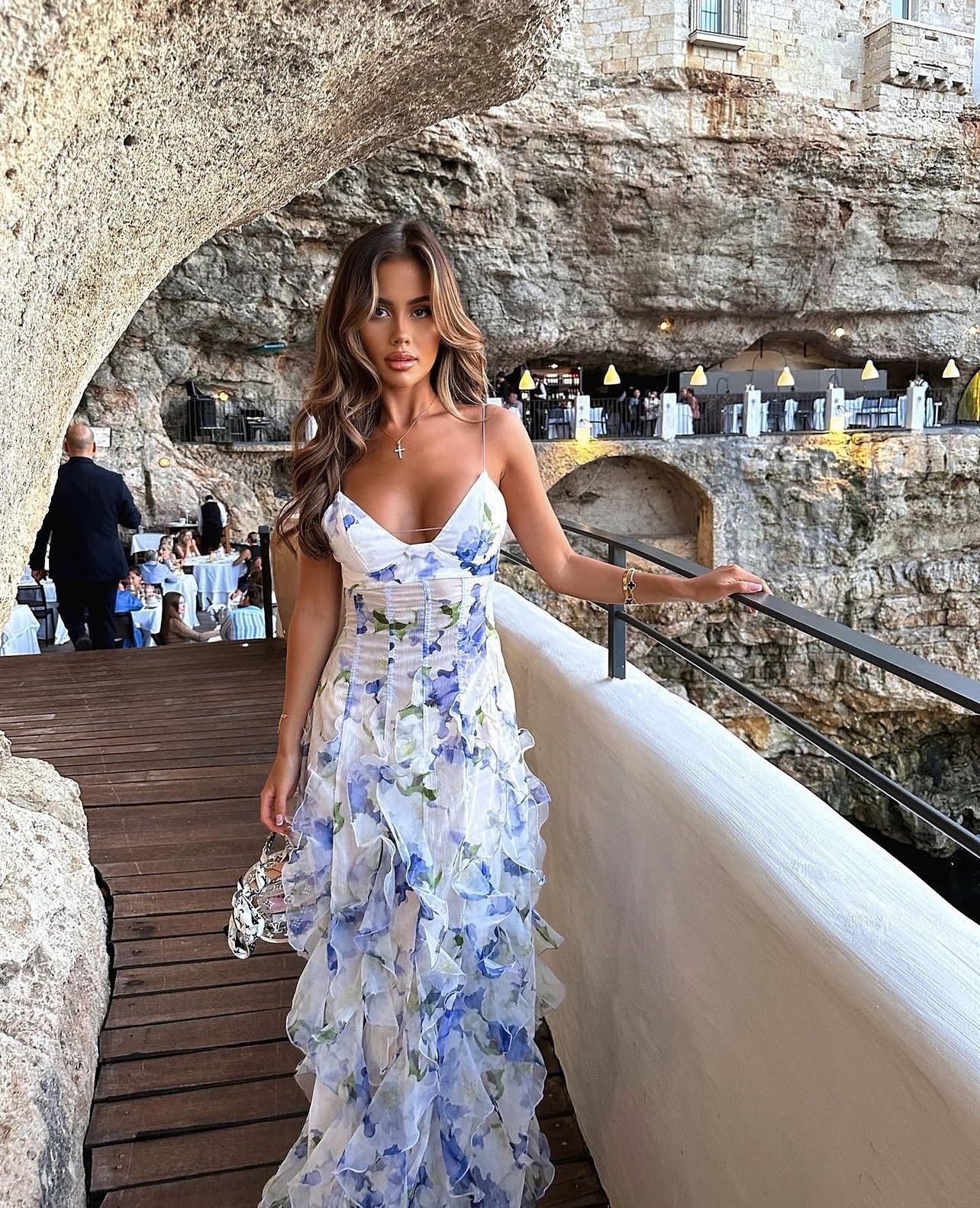 Blue Floral V Neck Ruffle Summer Vacation Maxi Dress